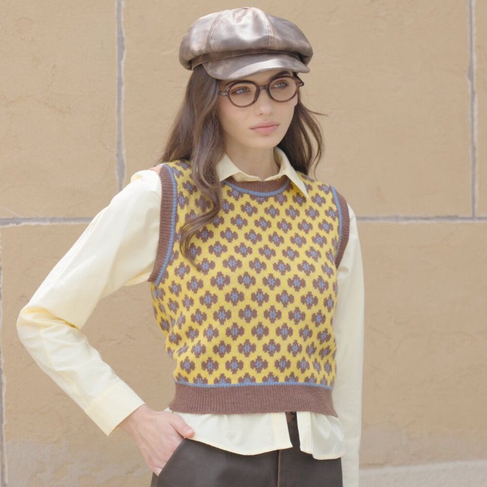 Cropped Sweater Vest Geometric Pattern High Stret… - image 8
